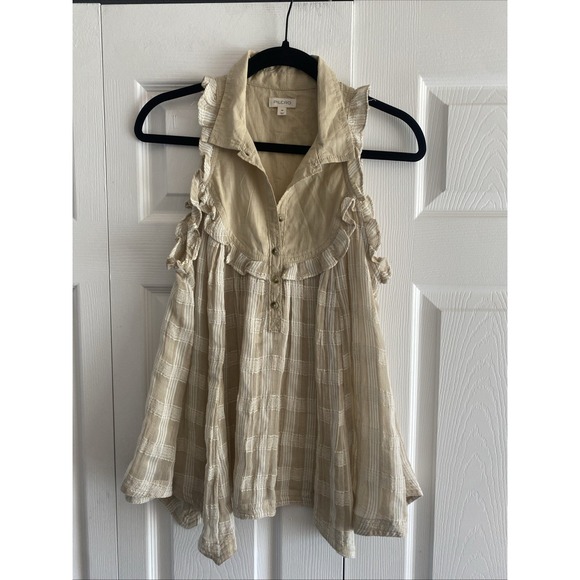 Pilcro and the Letterpress Tops - Pilcro Sleeveless Babydoll Blouse Womens Size XS Tan Plaid Ruffle Cotton Boho